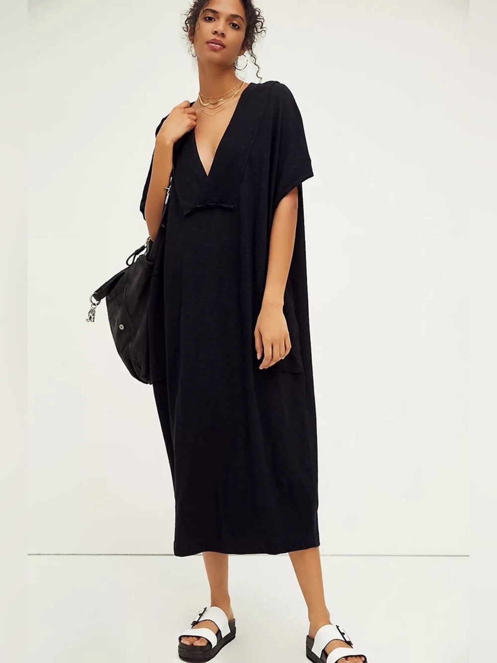 Free People Beach Sz S 100% Cotton Midi Dress Relaxed Fit V-Neck Black Caftan